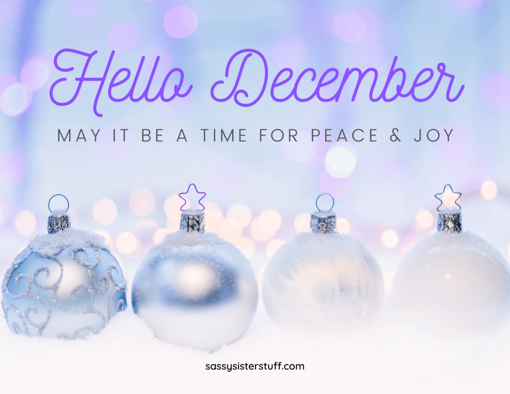 lavender and white christmas ornaments with hello december text