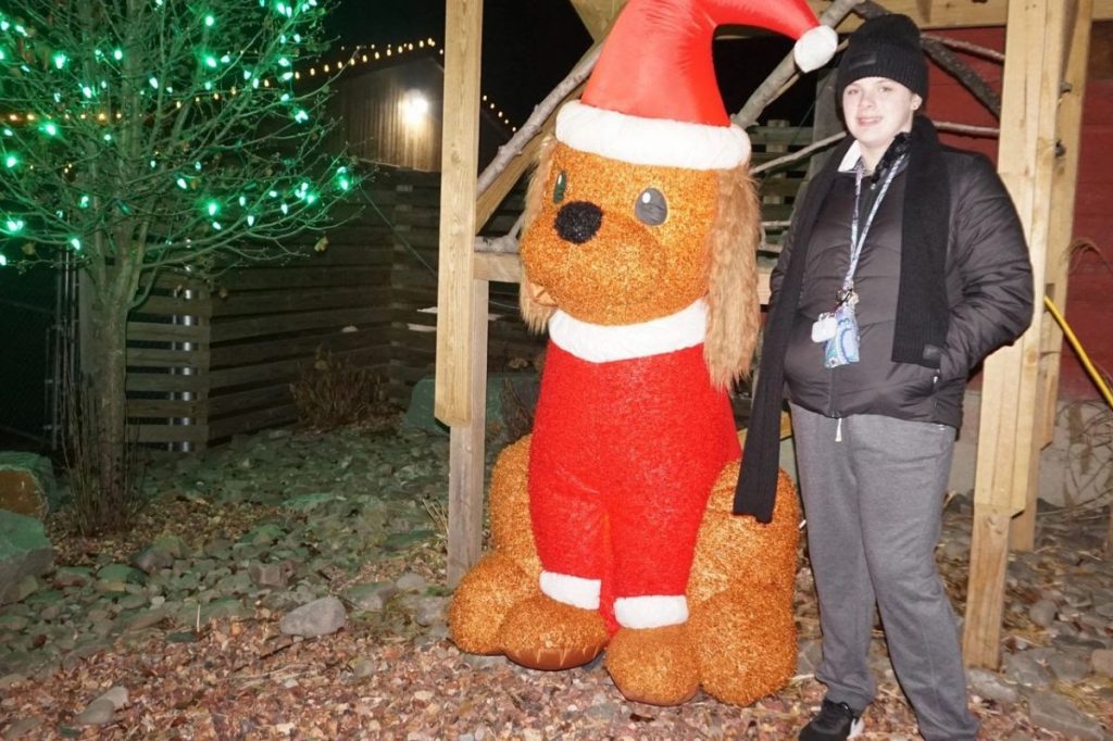 blow up doggy in a red sweater and holiday hat with a young lady standing next to him at the light show