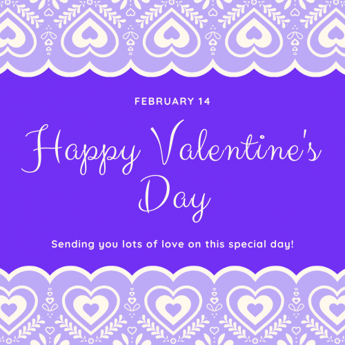 Happy Valetines Day message with purple and lavender heart background