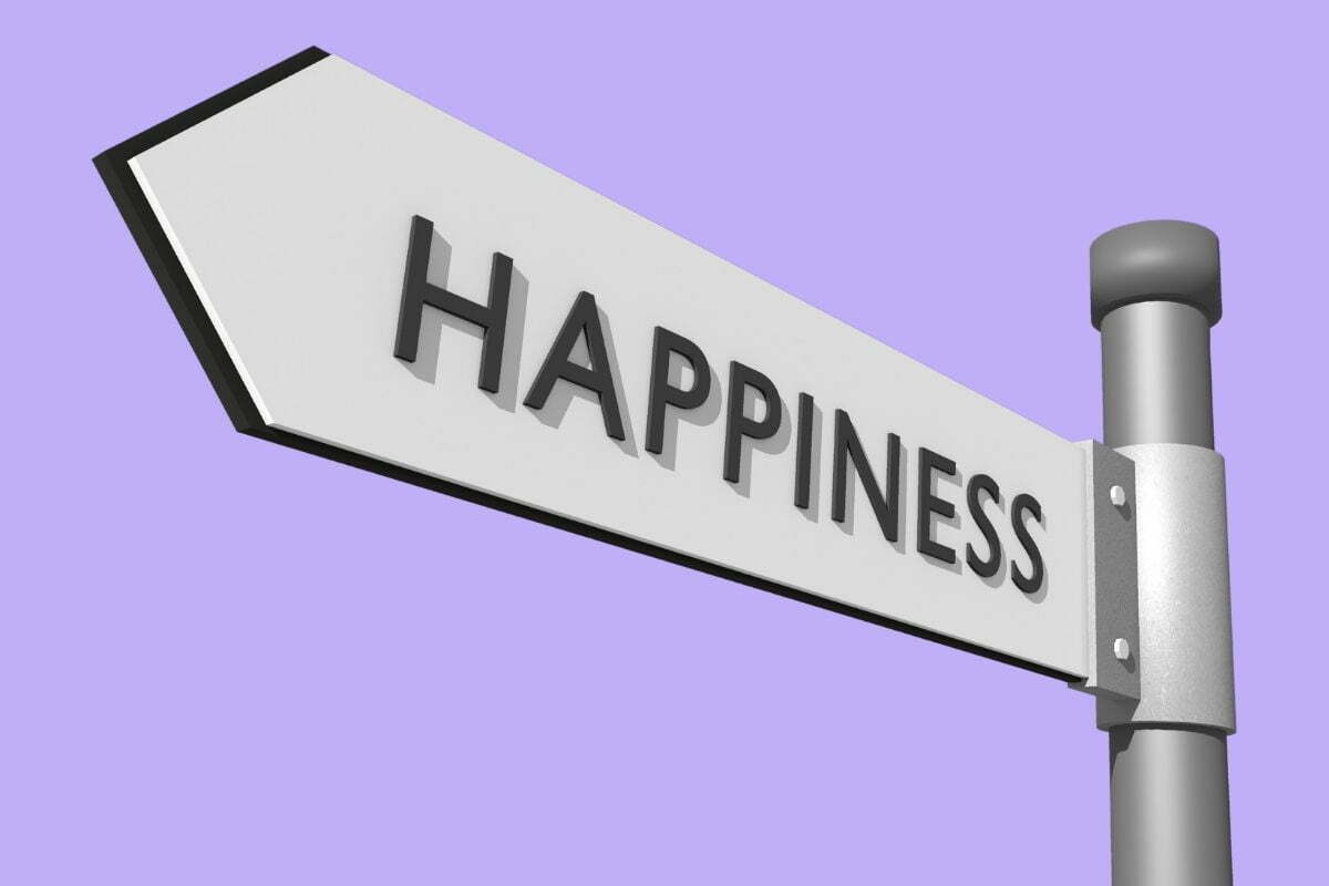 happiness road sign on lavender background