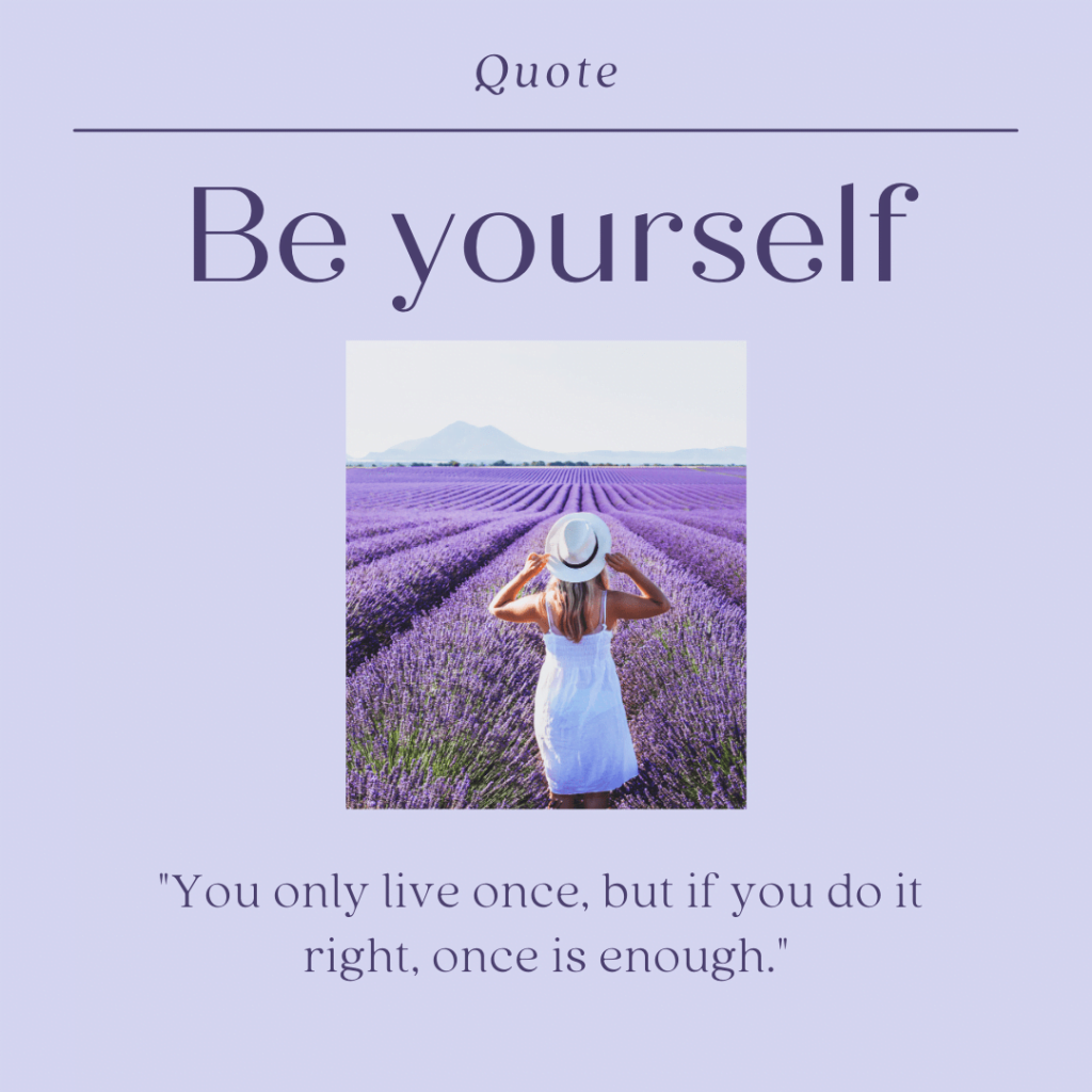 lavender background and a photo of a young lady standing in a field of purple flowers with self love quote