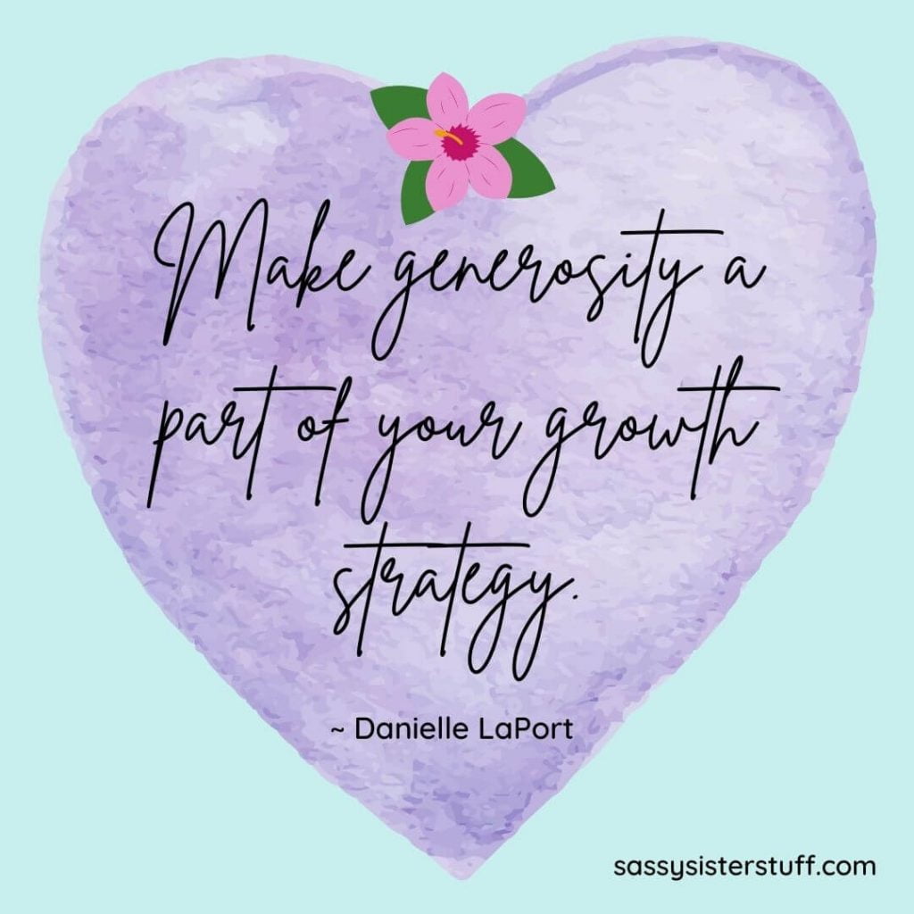 generosity quote on a lavender heart with a pink flower at the top