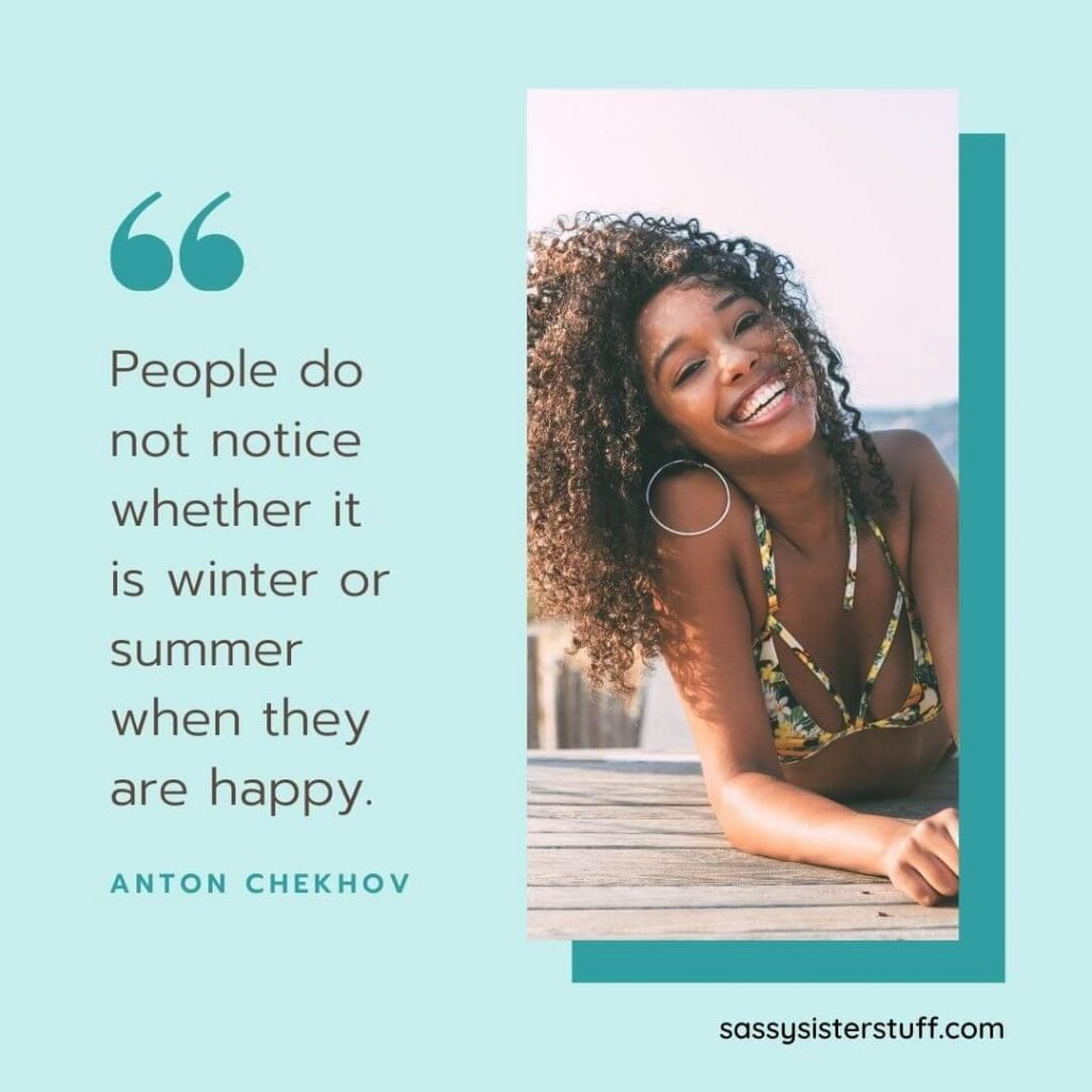 beautiful young woman smiling in a swimsuit with a quote about happiness