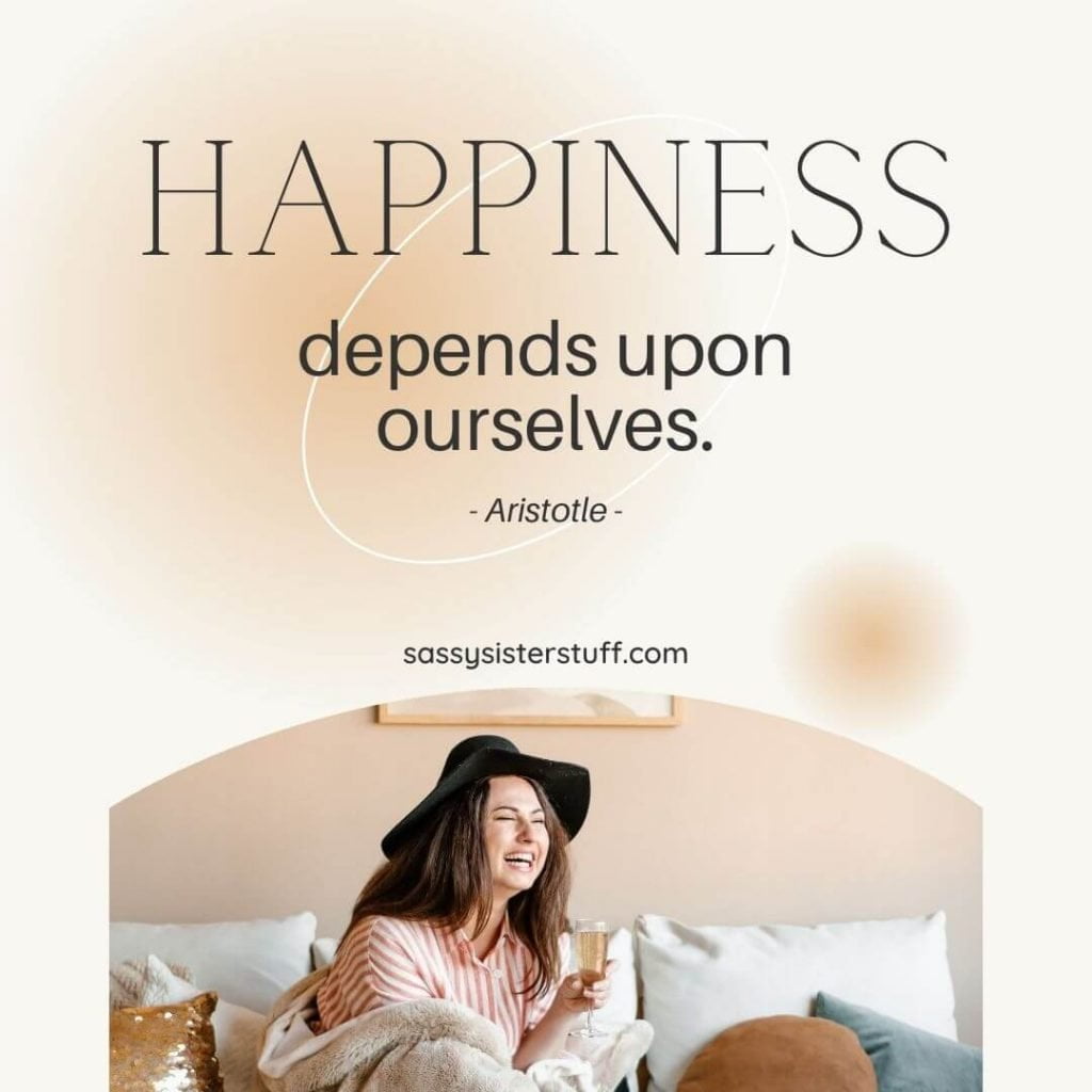 very happy lady laughing on her bed with a happiness quote above her