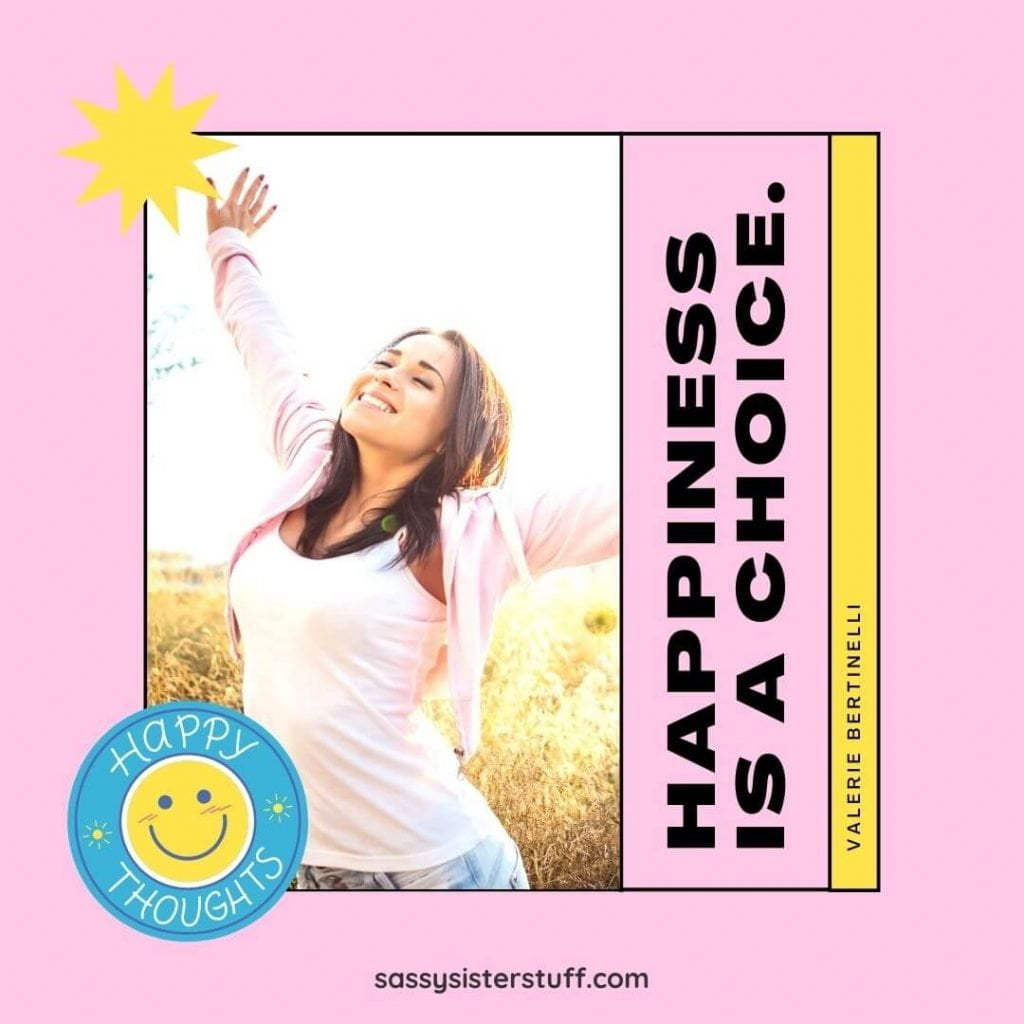 pink and yellow background with a very happy lady in a field and a happiness quote