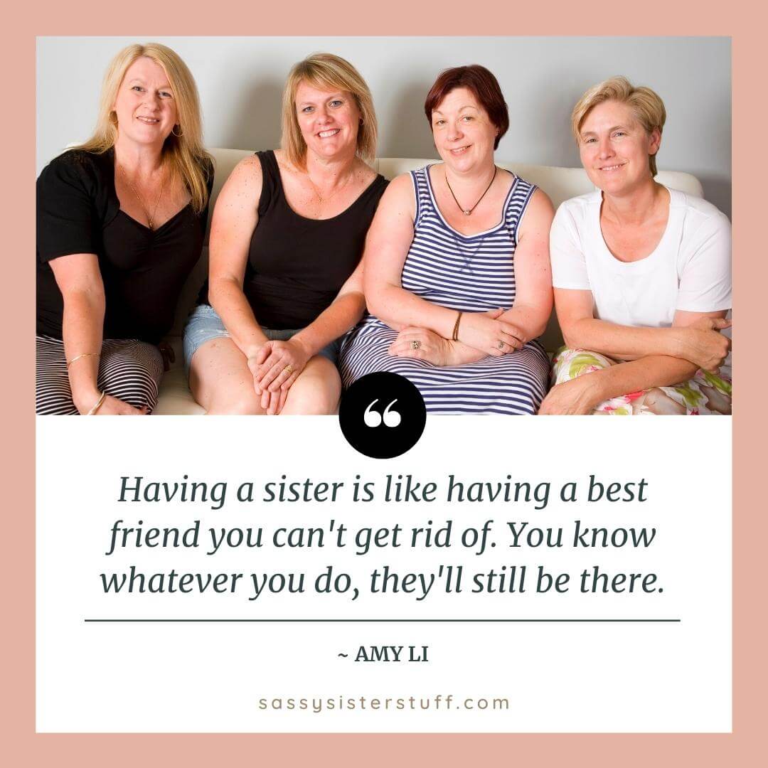 four sister friends sit on a sofa together with with a sweet sister quote