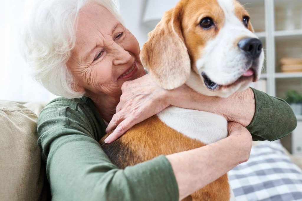 elderly lady sits with a hound dog in her lap