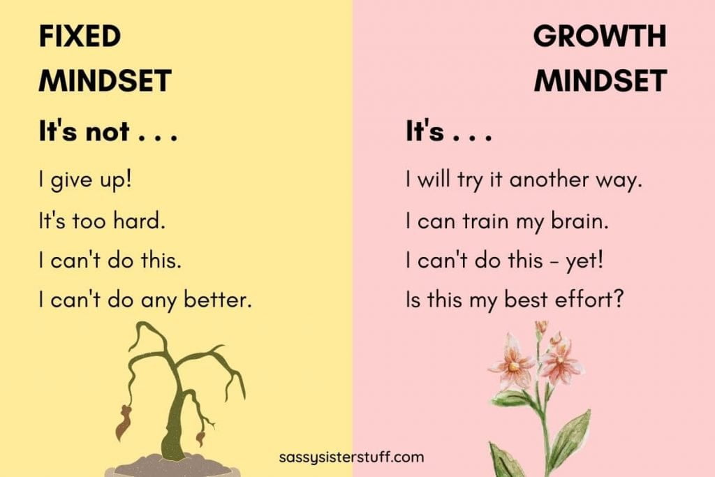 fixed minset and growth mindset words on a yellow and pink background