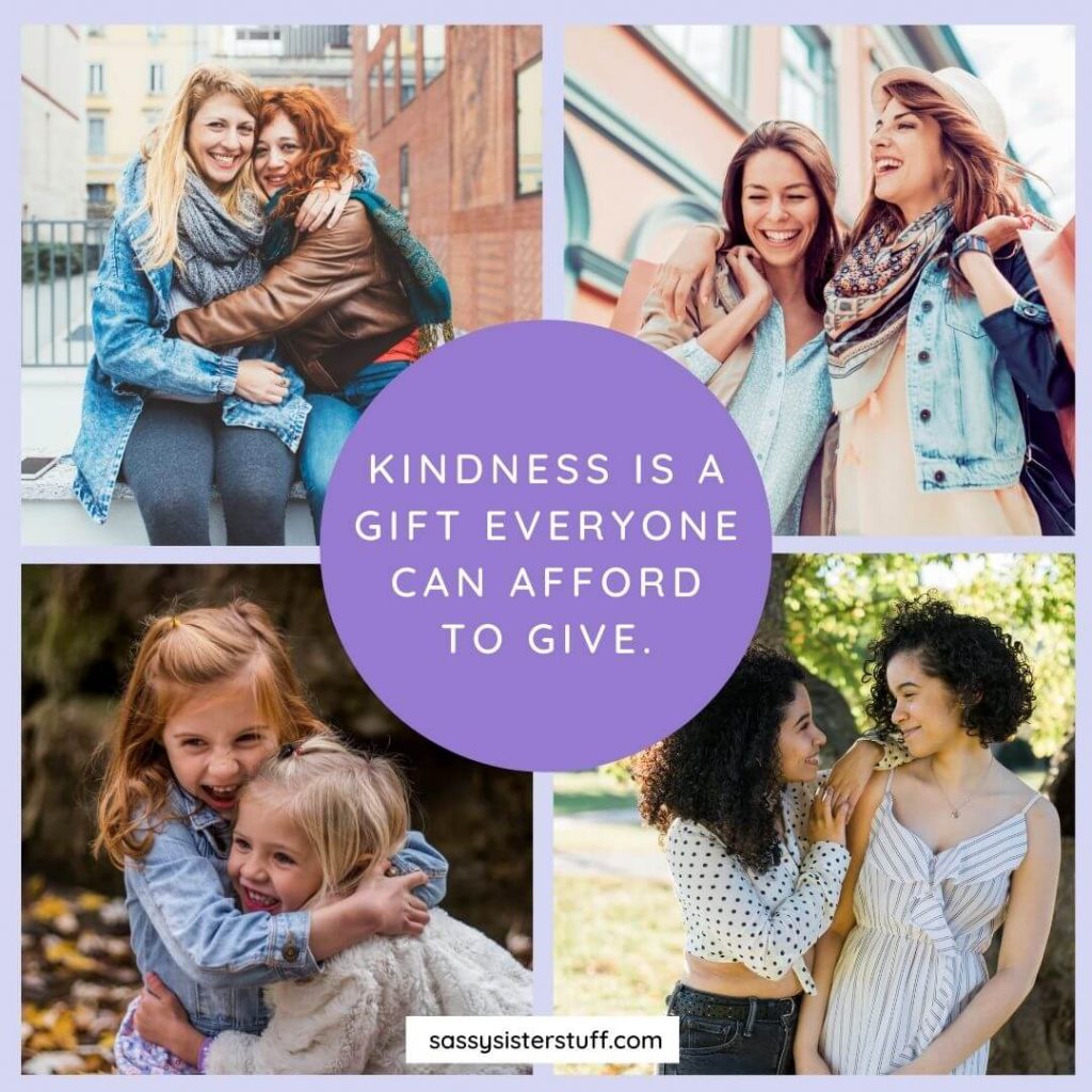 four photos of 2 friends and a kindness quote in the center