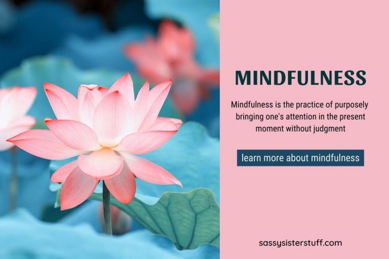 pink lotus on a blue background with words defining benefits of mindfulness