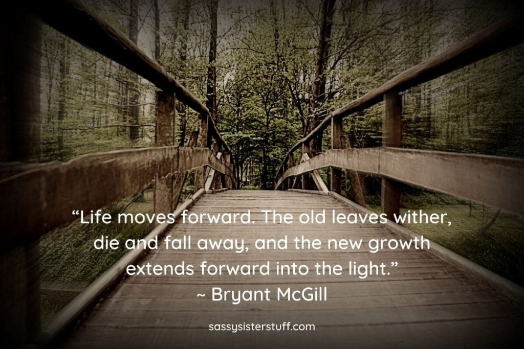 an old wooden bridge in the woods and a quote about life moving forward toward the light