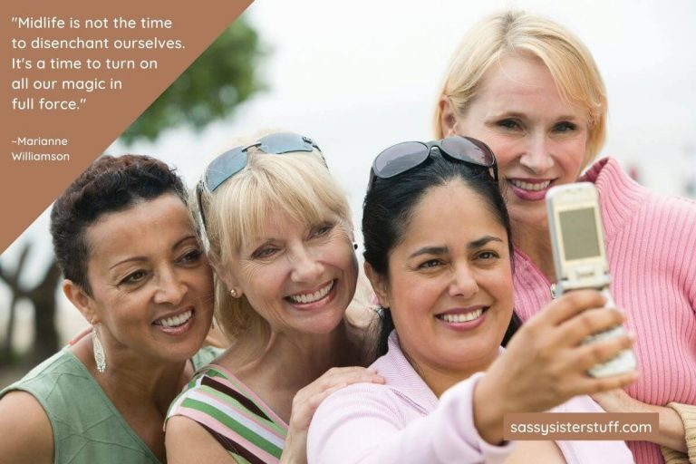 four happy middle aged women taking a selfie together and a quote about daily wellness tips for midlife