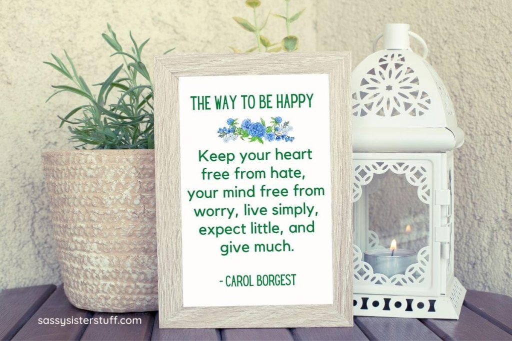 a potted green plant and a lantern with a small candle in it sitting with a framed quote about how to live a simple life and be happy