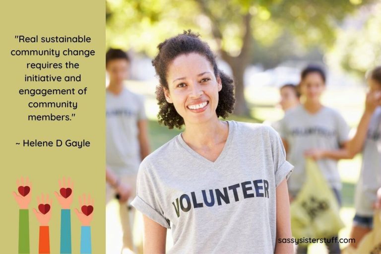 a group of people wearing tee shirts that say VOLUNTEER standing in a park and a quote about why is community engagement important