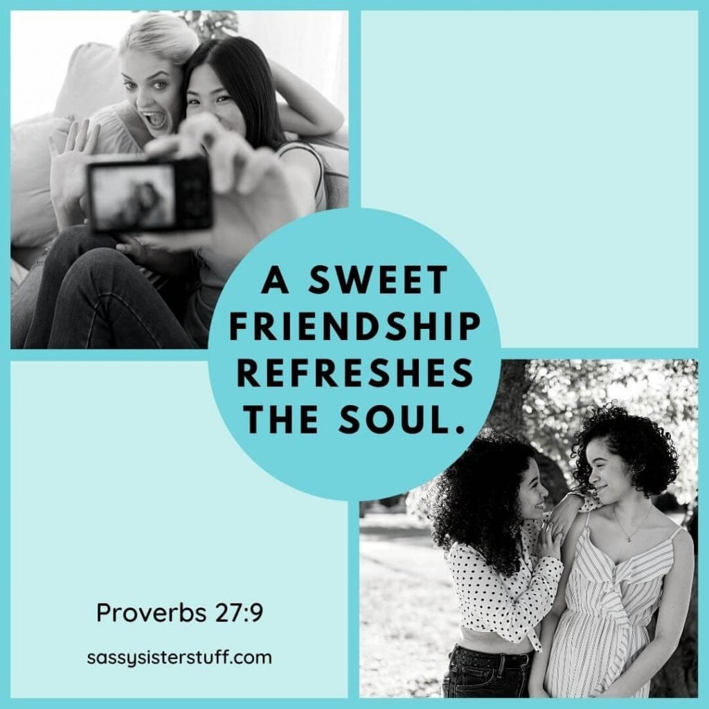 a sweet friendship refreshes the soul quote with two photos of friends hanging out together having fun