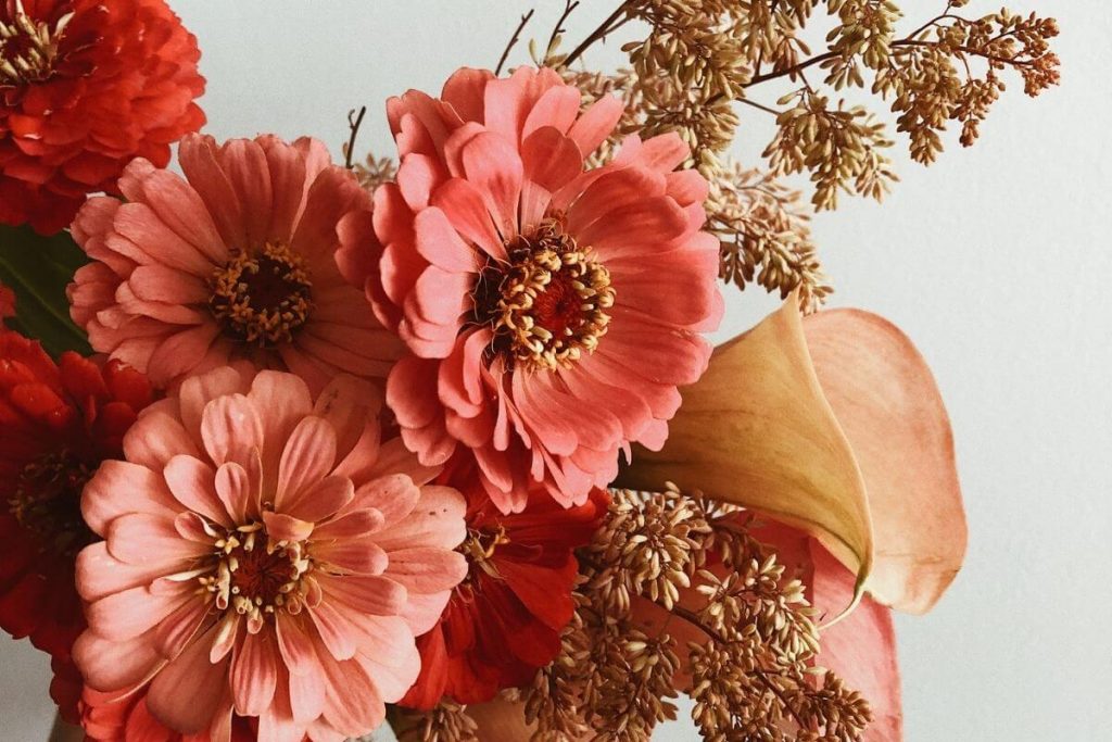 beautiful fall flowers in shades of coral and beige