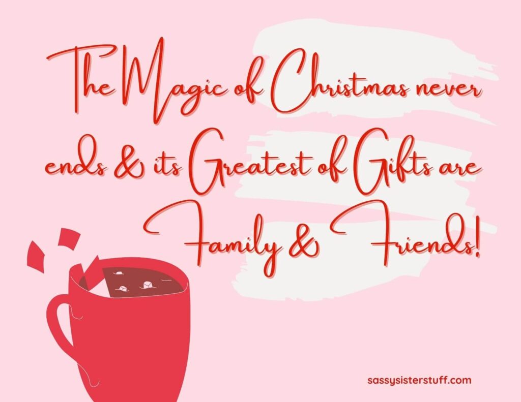 pink and white background with a red mug of cocoa and candy cane and short sweet christmas messages to warm your heart