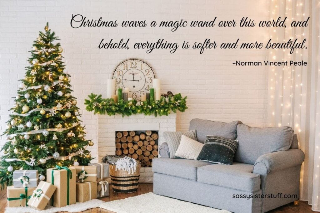 a living room scene with a sofa fireplace clock christmas tree and presents decorated for christmas and a quote for how to get in the christmas spirit