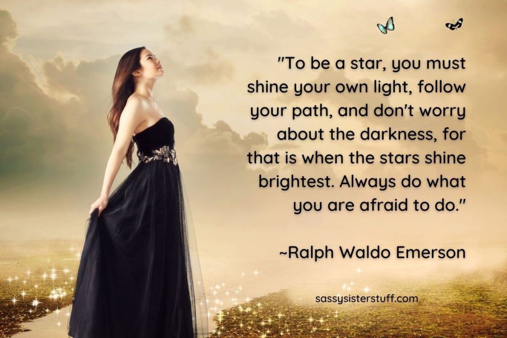 a beautiful woman in a black flowy dress against a gold background with an inspirational quote by Ralph Waldo Emerson