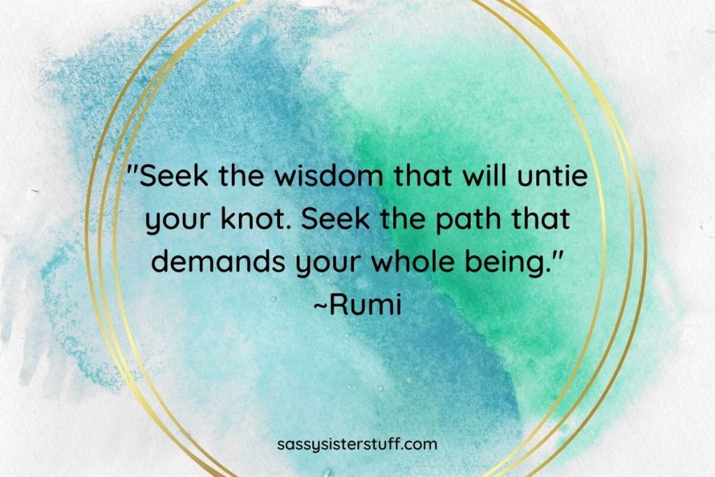 find your path quote by Rumi on a blue and green background with gold circles