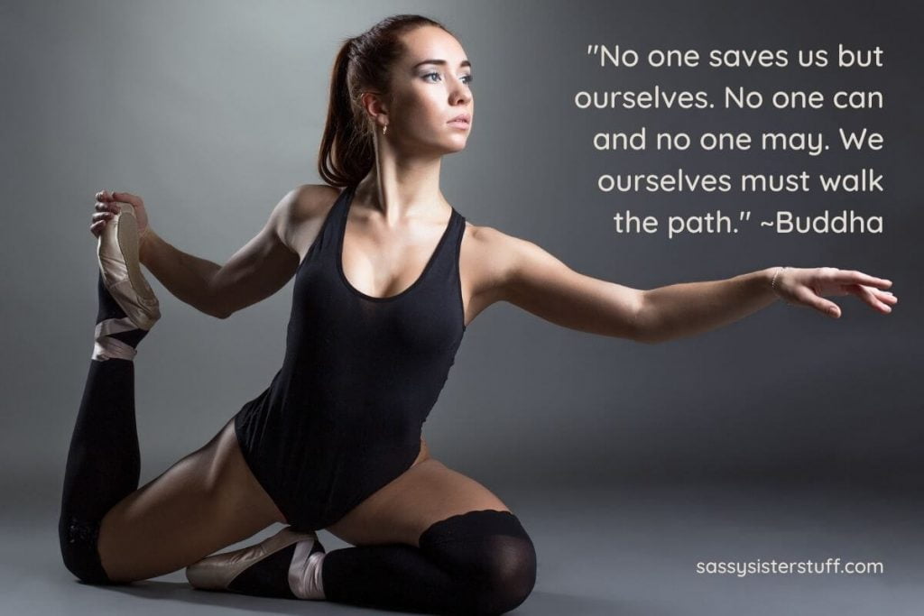 a young woman doing ballet exercises in a black unitard with a quote about finding your path in life