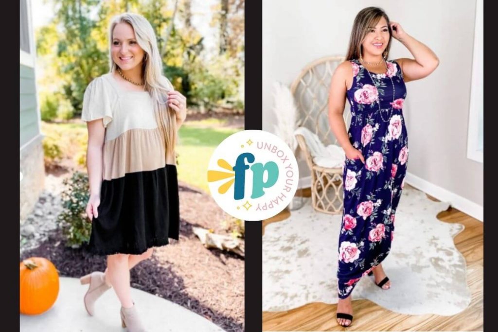 two photos of pretty young women wearing two different dresses that are sold by freckled poppy boutique clothes women love