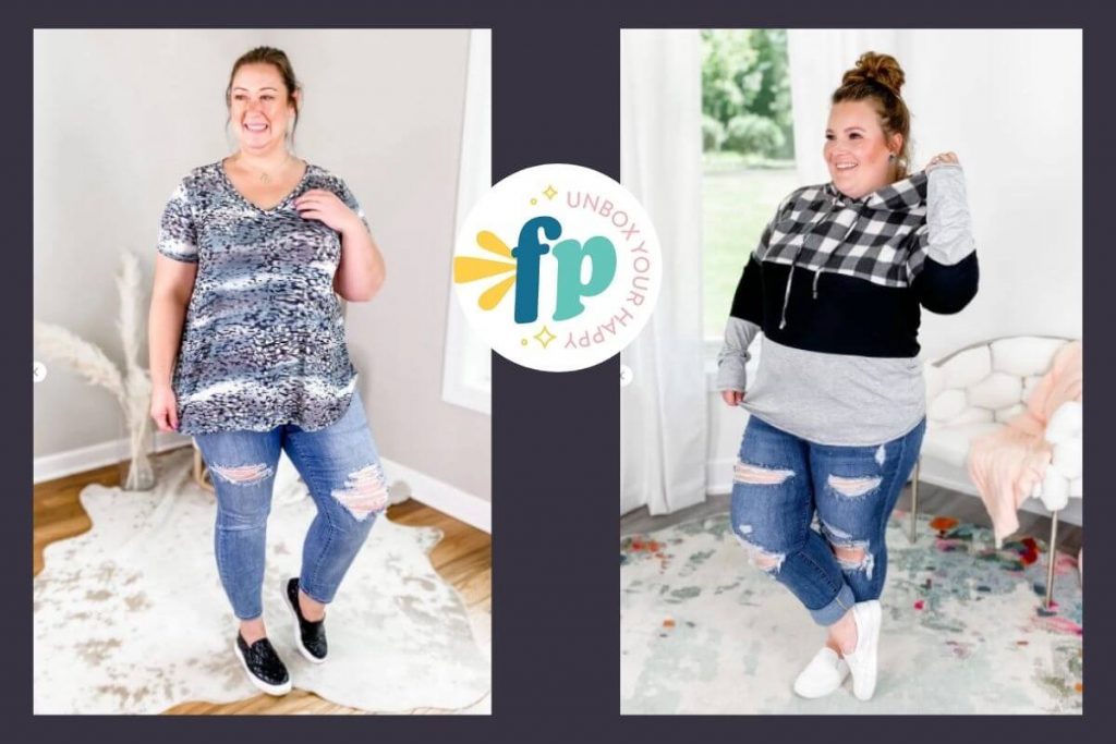 two beautiful plus sized models wearing black and gray tops with jeans from freckled poppy boutique clothes women love