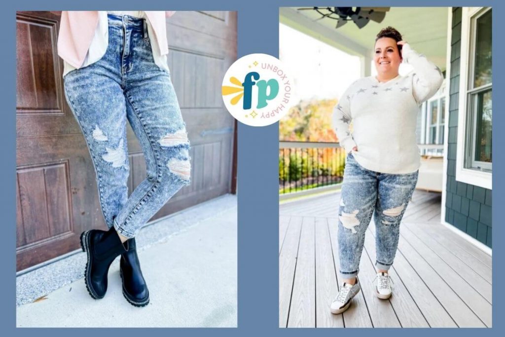 two photos of Freckled Poppy models wearing Judy Blue Demin jeans in different sizes