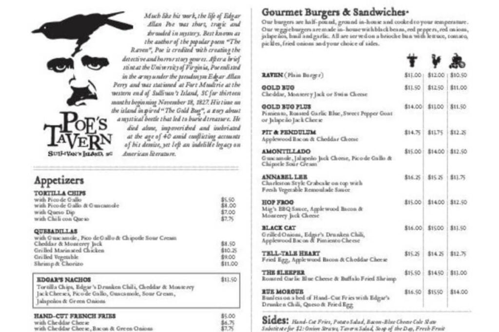 tavern menu from Poes Tavern on Sullivans Island near charleston sc