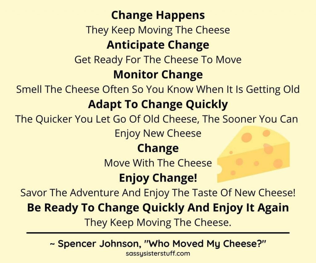 quotes about transitions in life by spencer johnson from his book who moved my cheese on a yellow background with a piece of cheese