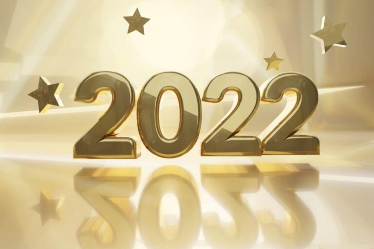 shiny gold image with 2022 reflecting upside down and stars hanging above