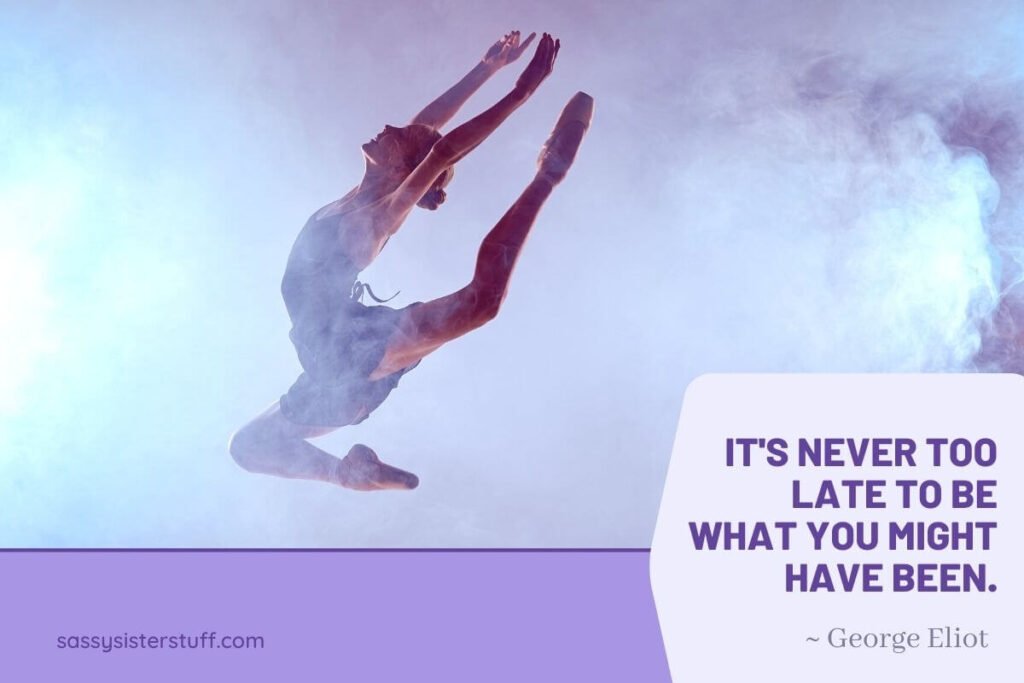 beautiful ballerina in a high jump among clouds in shades of lavender with an inspirational quote by george eliot