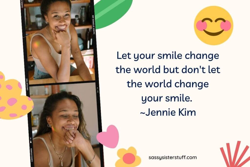 a cream background with two photos of a smiling woman and a smile quote by jennie kim