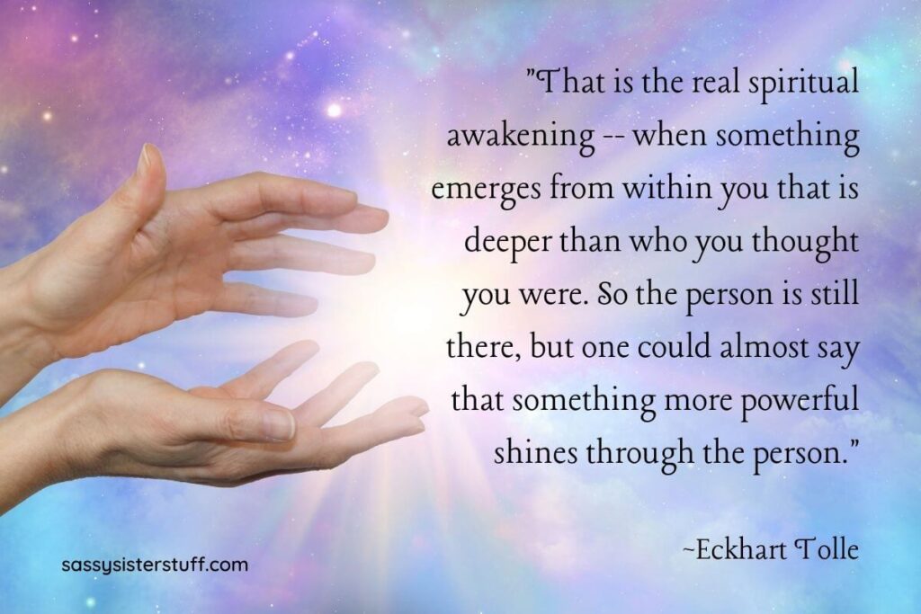 a pale blue lavender and yellow galaxy type background with a large bright light shining through female hands that appear to be reaching for the light in a spiritual manner plus a spiritual dimension of health quote