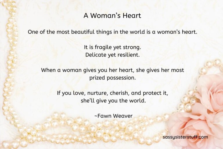 encouraging words for women called a womans heart on a soft cream background with delicate pearls draped around 2 edges and pale pink roses in the corner