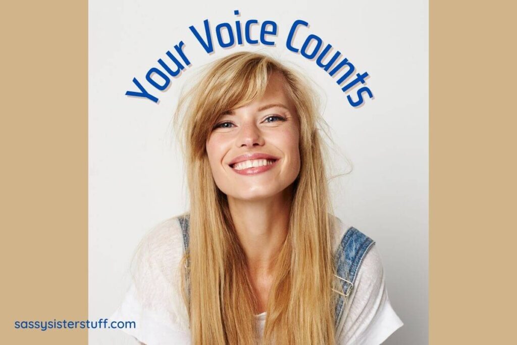 photo of a beautiful blonde woman dressed casually with the words your voice counts on the background