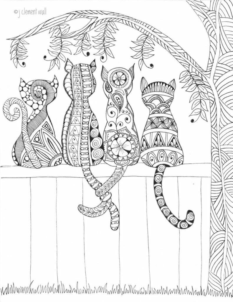 black and white drawing of four cats sitting on a fence looking out over a yard with a tree on the side