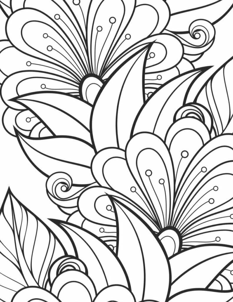 black and white drawing of leaves and flowers 