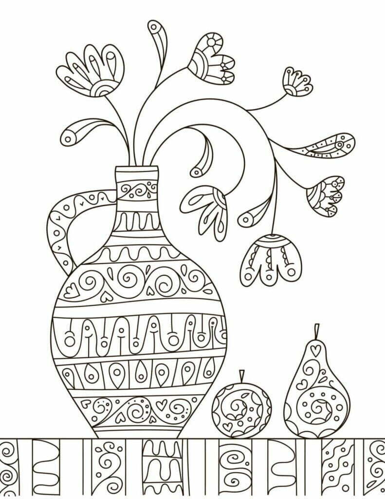 black and white drawing of a vase of flowers a pear and an apple sitting on a table