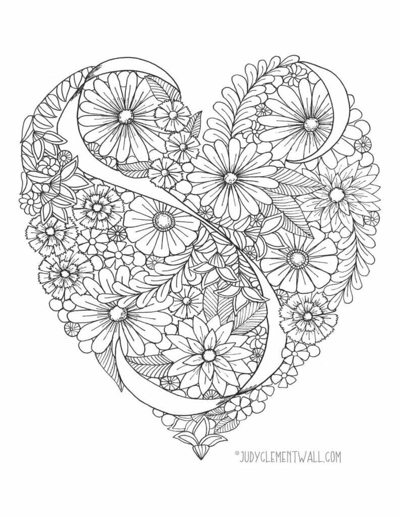 black and white drawing of a heart created with a variety of flowers and ribbon