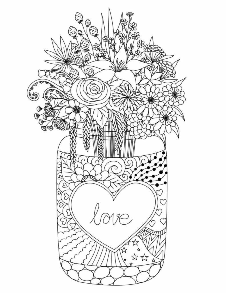 black and white drawing of a mason jar with flowers in it and a heart on the front that says love