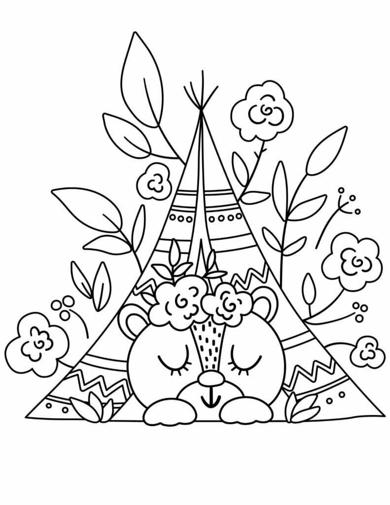 black and white drawing of a sleeping bear in a whimsical wigwam