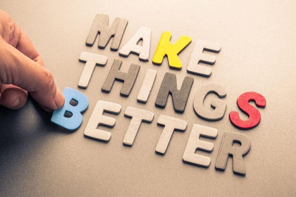 tiles in various shades of yellow blue red and brown are placed on a tan background and say make things better