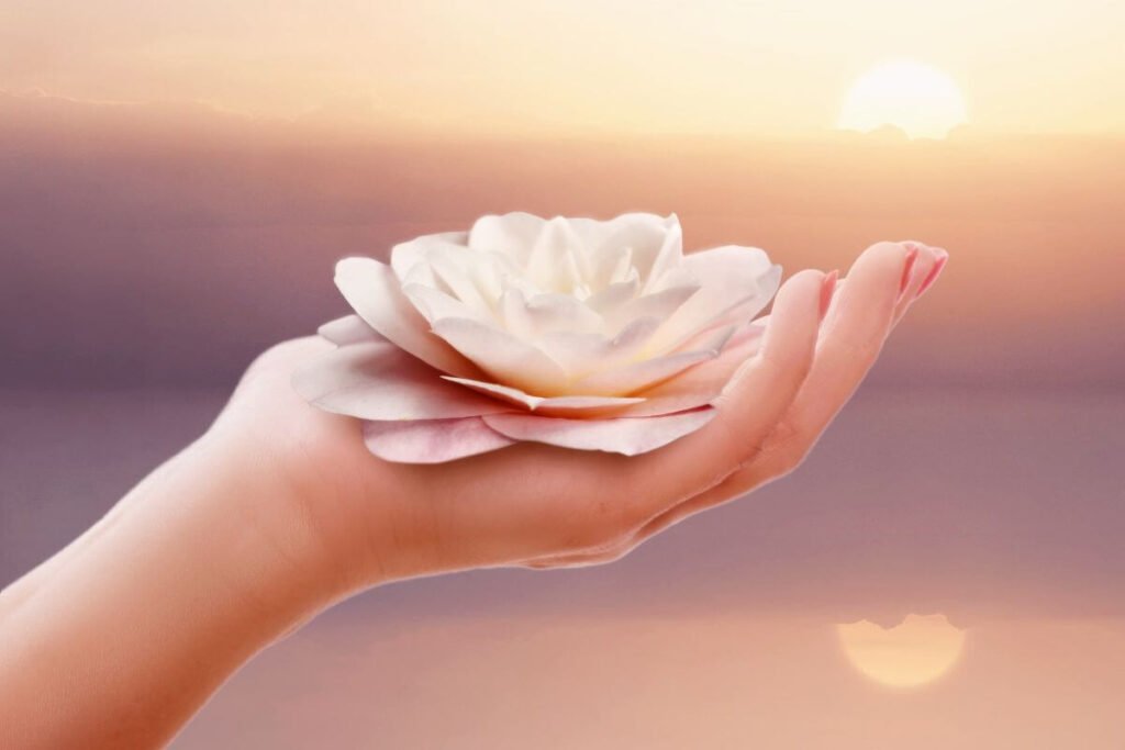 a female hand holds a white lotus flower the symbol of wellness against a pale pink and peach skyline