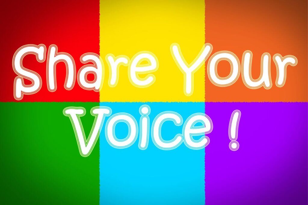 bold blocks with share your voice written over them