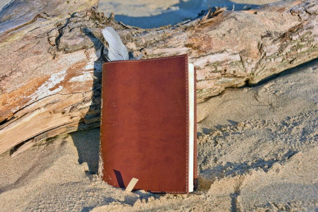 a close up of a basic brown journal lays on a sandy shoreline against a fallen tree