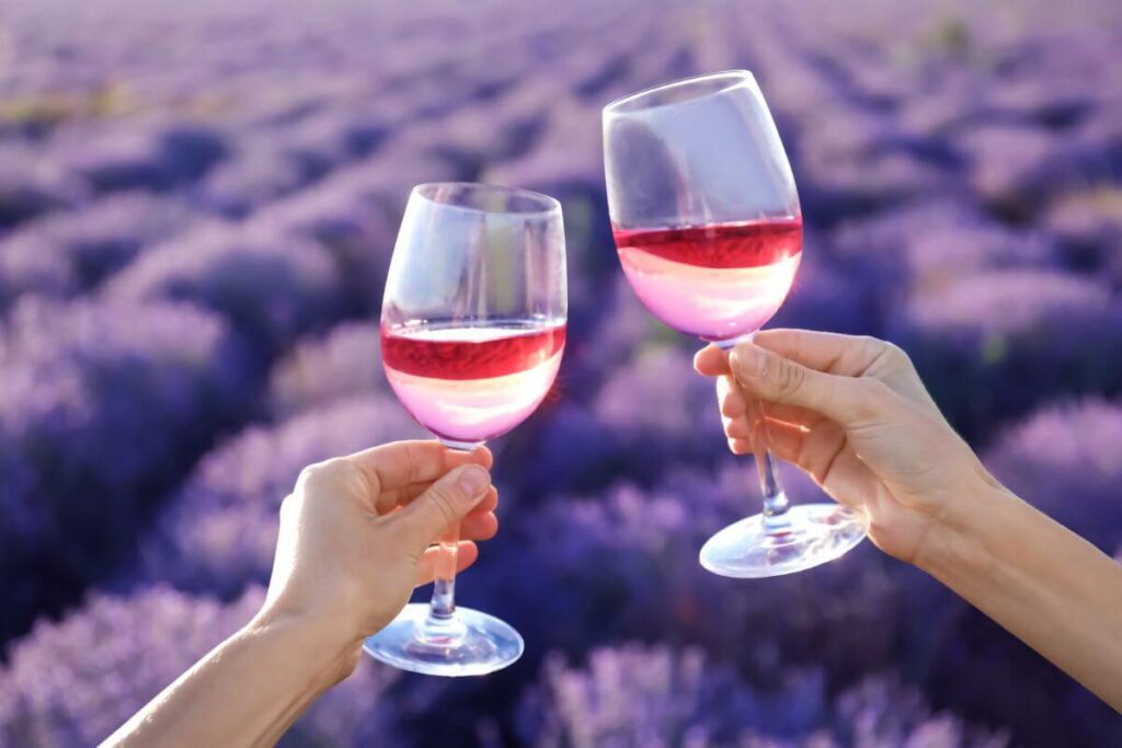 two women make a toast with glasses of red wine in front of a field of purple flowers