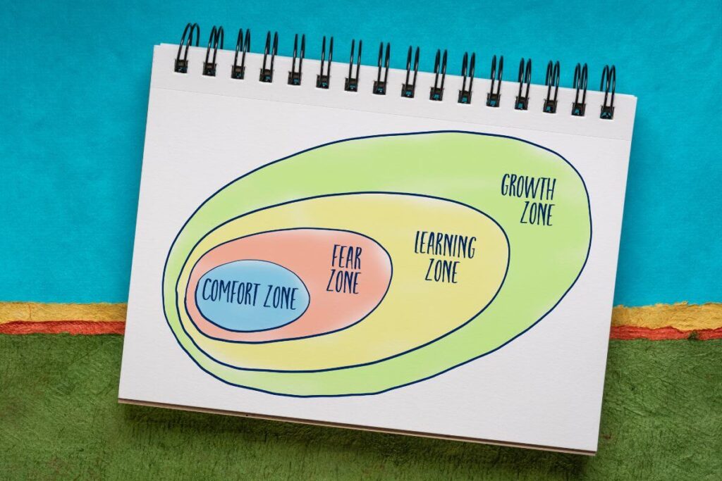 a graphic organizers that depicts comfort zone, fear zone, learning zone, and growth zone