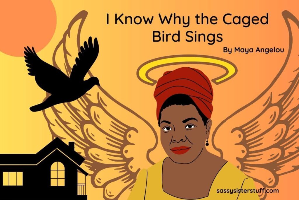 artist's rendering of Maya Angelou with wings and a halo, plus a black bird and small house silhouette similar to that on the cover of the book "I Know Why the Caged Bird Sings"