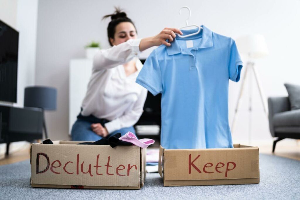 a female kneels on the floor with two boxes in front of her that read Declutter and Keep as she organizes and declutters.